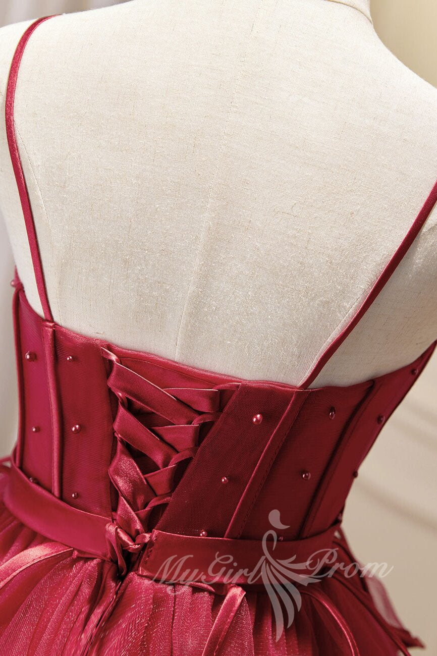 Burgundy Spaghetti Straps Short Prom Dress, Puffy Homecoming Dress