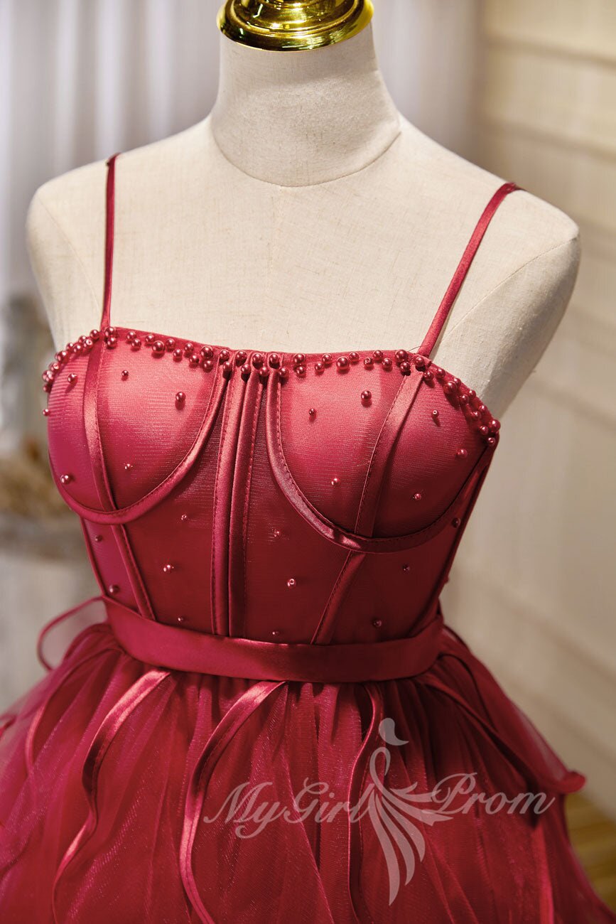 Burgundy Spaghetti Straps Short Prom Dress, Puffy Homecoming Dress