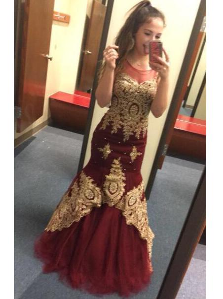 Burgundy Gold Applique Mermaid Graduation Party Dress