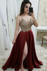 Burgundy A-Line Spaghetti Straps Slit Long Prom Dress