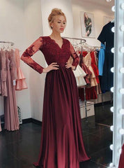 A-Line V-Neck Lace Long Sleeve Burgundy Prom Dress with Applique