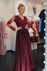 A-Line V-Neck Lace Long Sleeve Burgundy Prom Dress with Applique