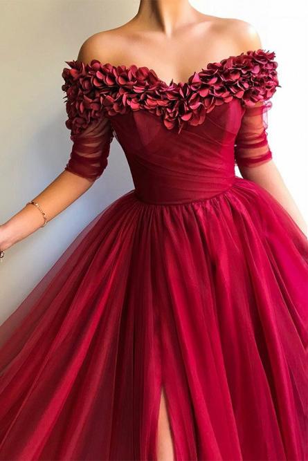 Burgundy Prom Dress Off-Shoulder Half Sleeves Tulle with Appliques Dress