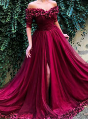 Burgundy Prom Dress Off-Shoulder Half Sleeves Tulle with Appliques Dress