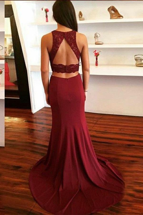 Burgundy Two-Piece Prom Dress with Keyhole Back and Lace Appliques