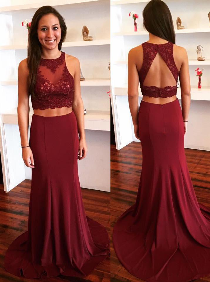 Burgundy Two-Piece Prom Dress with Keyhole Back and Lace Appliques