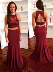 Burgundy Two-Piece Prom Dress with Keyhole Back and Lace Appliques