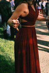 Burgundy Two-Piece Chiffon Long Prom Dress