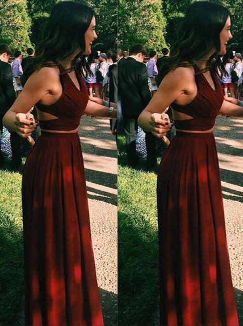 Burgundy Two-Piece Chiffon Long Prom Dress