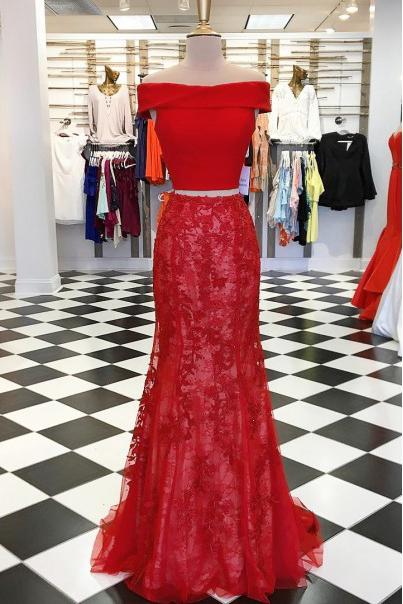 Off-the-Shoulder Red Lace Mermaid Long Two Piece Prom Dresses