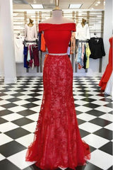 Off-the-Shoulder Red Lace Mermaid Long Two Piece Prom Dresses