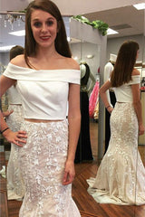 Off-the-Shoulder Red Lace Mermaid Long Two Piece Prom Dresses