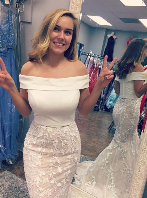 Off-the-Shoulder Red Lace Mermaid Long Two Piece Prom Dresses