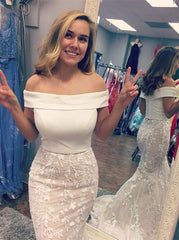 Off-the-Shoulder Red Lace Mermaid Long Two Piece Prom Dresses