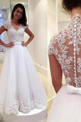 Cap Sleeve Tulle White Lace Wedding Dress, Elegant A-Line Bridal Gowns