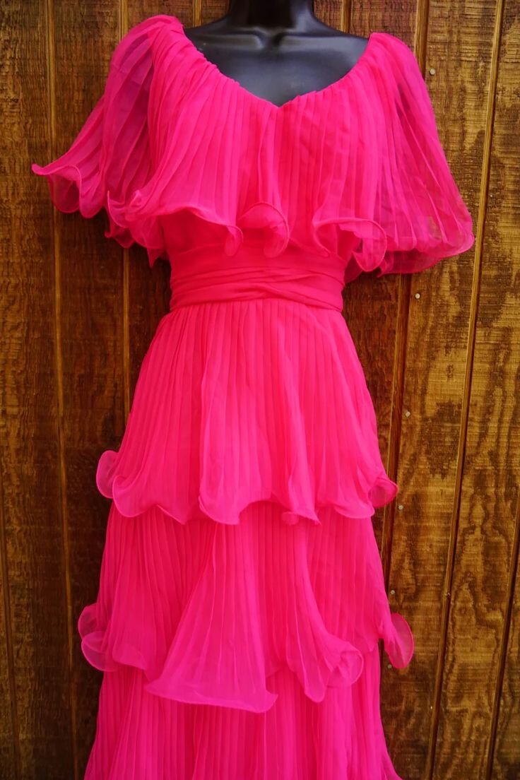 Cap Sleeve Pink Pleated Chiffon Tiered Prom Dress