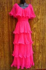 Cap Sleeve Pink Pleated Chiffon Tiered Prom Dress