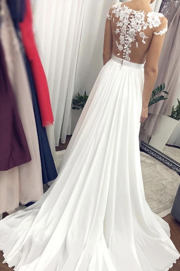 Cap Sleeves White Lace Beach Wedding Dress, Chiffon Boho Bridal Gown with Split