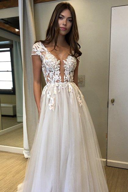Cap Sleeve A-Line Lace Tulle Long Backless Prom Dress, Slit Evening Dress