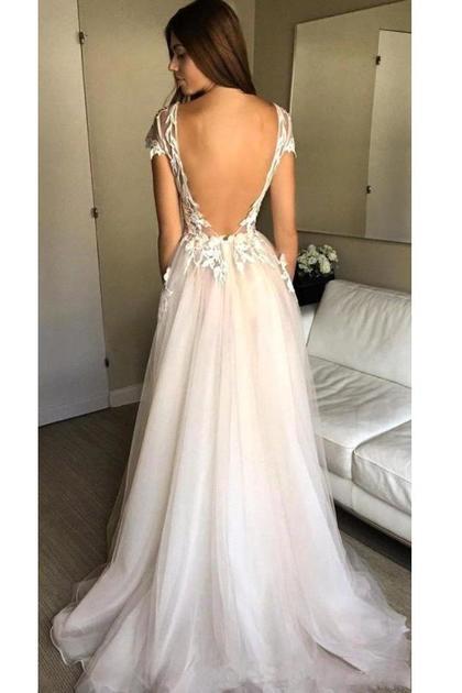 Cap Sleeve A-Line Lace Tulle Long Backless Prom Dress, Slit Evening Dress