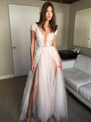 Cap Sleeve A-Line Lace Tulle Long Backless Prom Dress, Slit Evening Dress