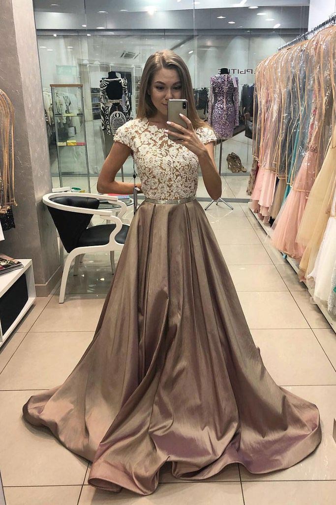 Cap Sleeves Long Prom Dress, Satin Lace Appliques Formal Gown