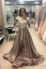 Cap Sleeves Long Prom Dress, Satin Lace Appliques Formal Gown