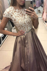Cap Sleeves Long Prom Dress, Satin Lace Appliques Formal Gown