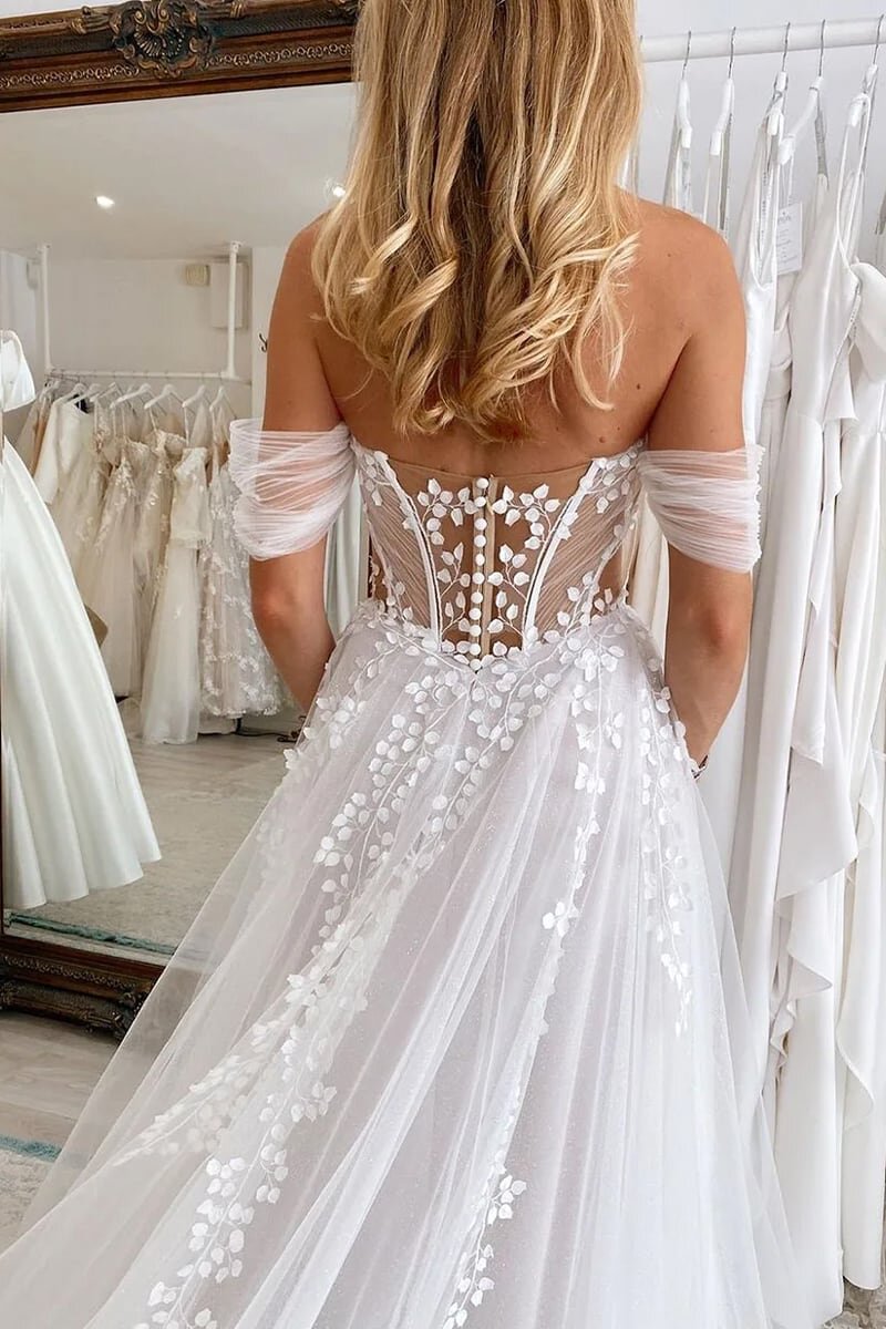 Charming Off-Shoulder Tulle Appliques Boho Wedding Dress with Slit