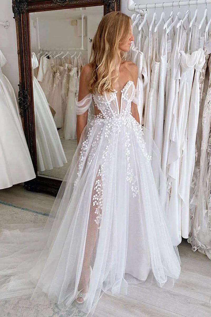 Charming Off-Shoulder Tulle Appliques Boho Wedding Dress with Slit