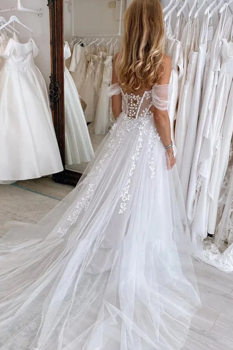 Charming Off-Shoulder Tulle Appliques Boho Wedding Dress with Slit