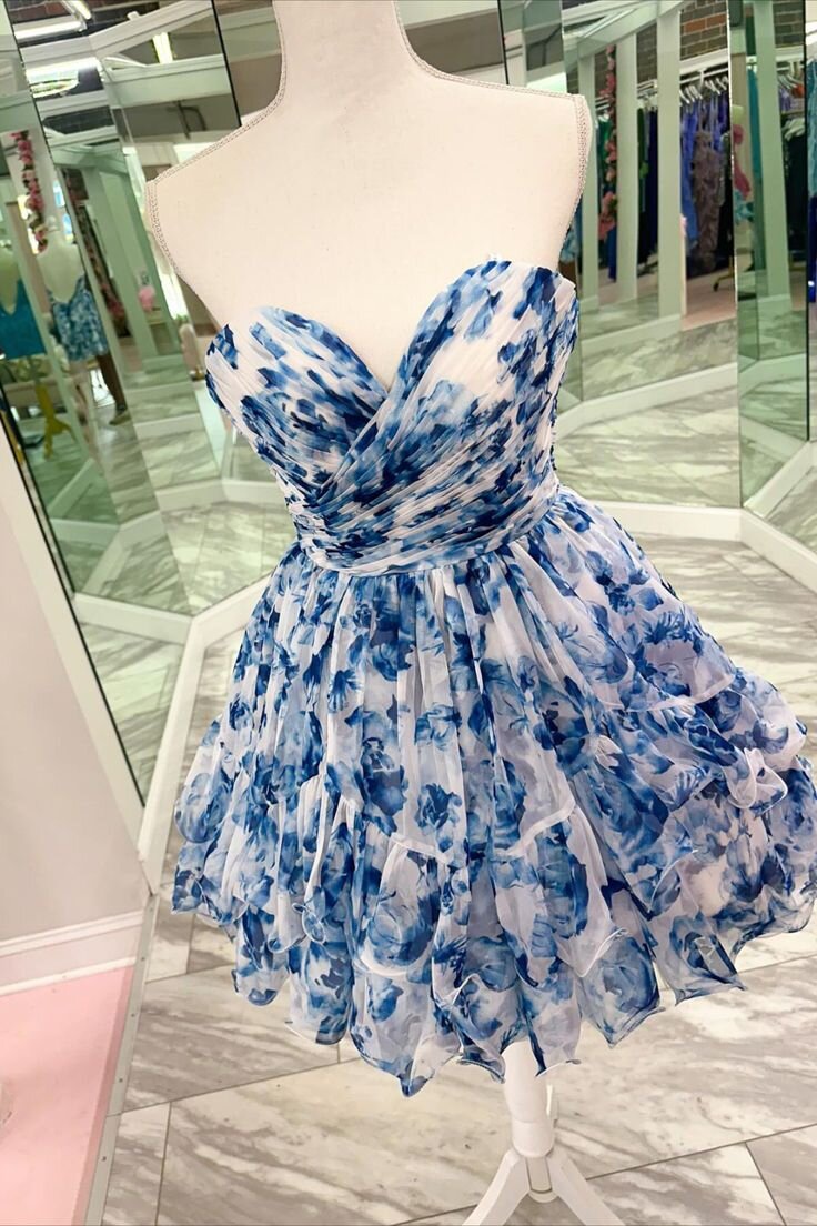 Blue Print Ruffle Sweetheart Charm Short Chiffon Homecoming Dress