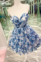 Blue Print Ruffle Sweetheart Charm Short Chiffon Homecoming Dress