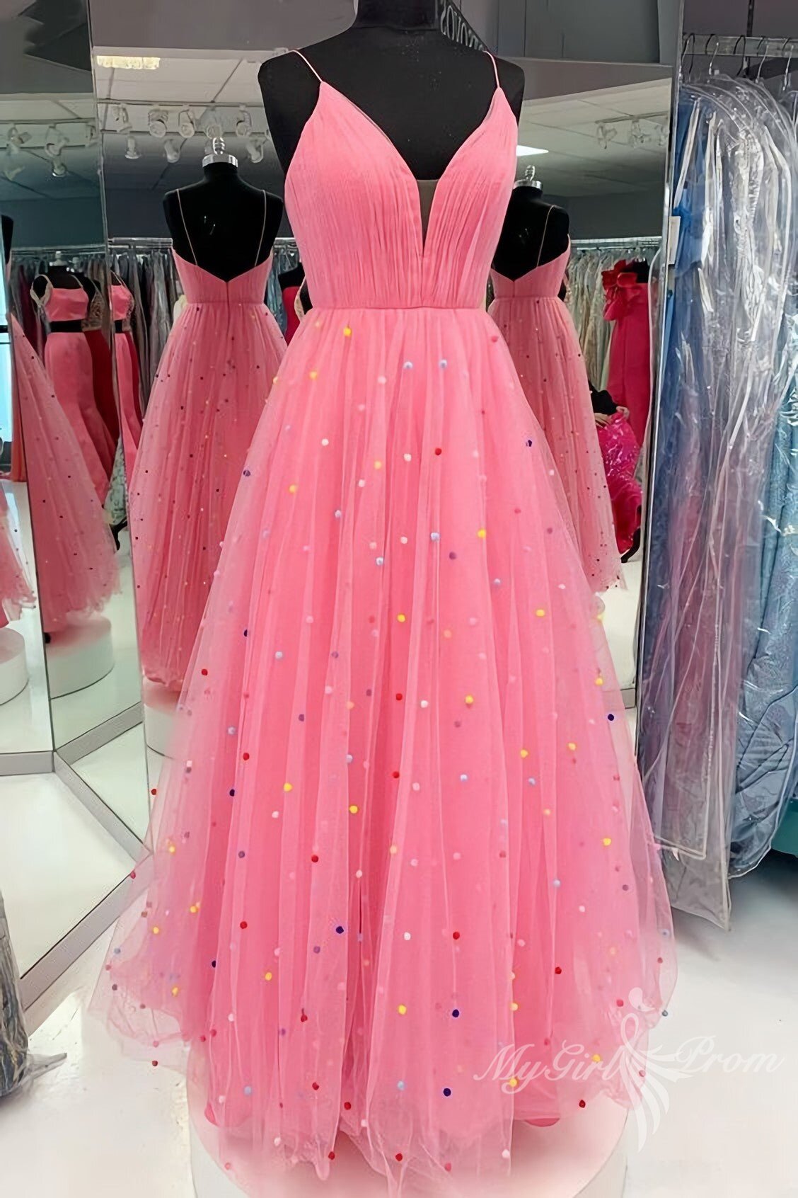 Charming A-Line Pink Tulle Long Prom Dress