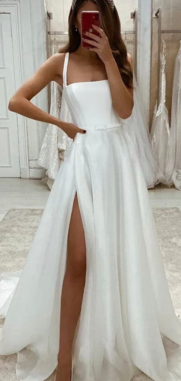 Charming White A-Line Beach Long Wedding Dress, Simple Slit Wedding Dress