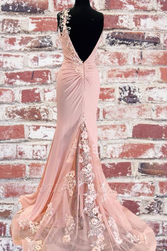 Charming Backless Long Pink Mermaid Prom Dress with Split