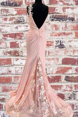 Charming Backless Long Pink Mermaid Prom Dress with Split