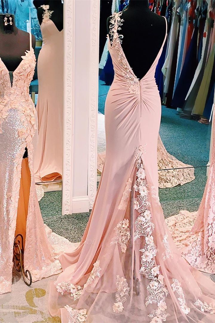 Charming Backless Long Pink Mermaid Prom Dress with Split