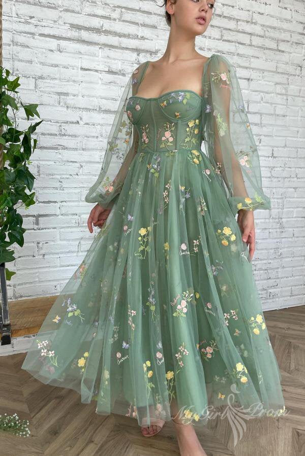 Charming Floral Ankle-Length A-Line Long Sleeve Prom Party Dress