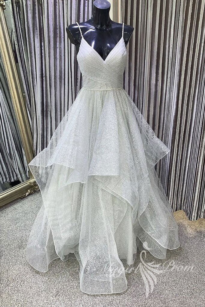 Charming Gray V-Neck Tulle Sequin Long Prom Dress