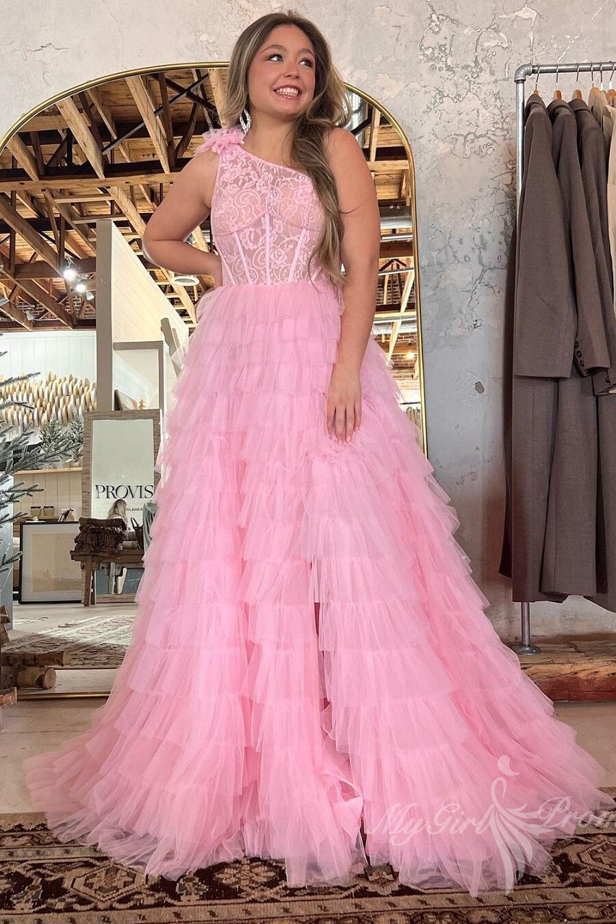 Charming One-Shoulder Black Tulle Ruffled Prom Dress with Slit