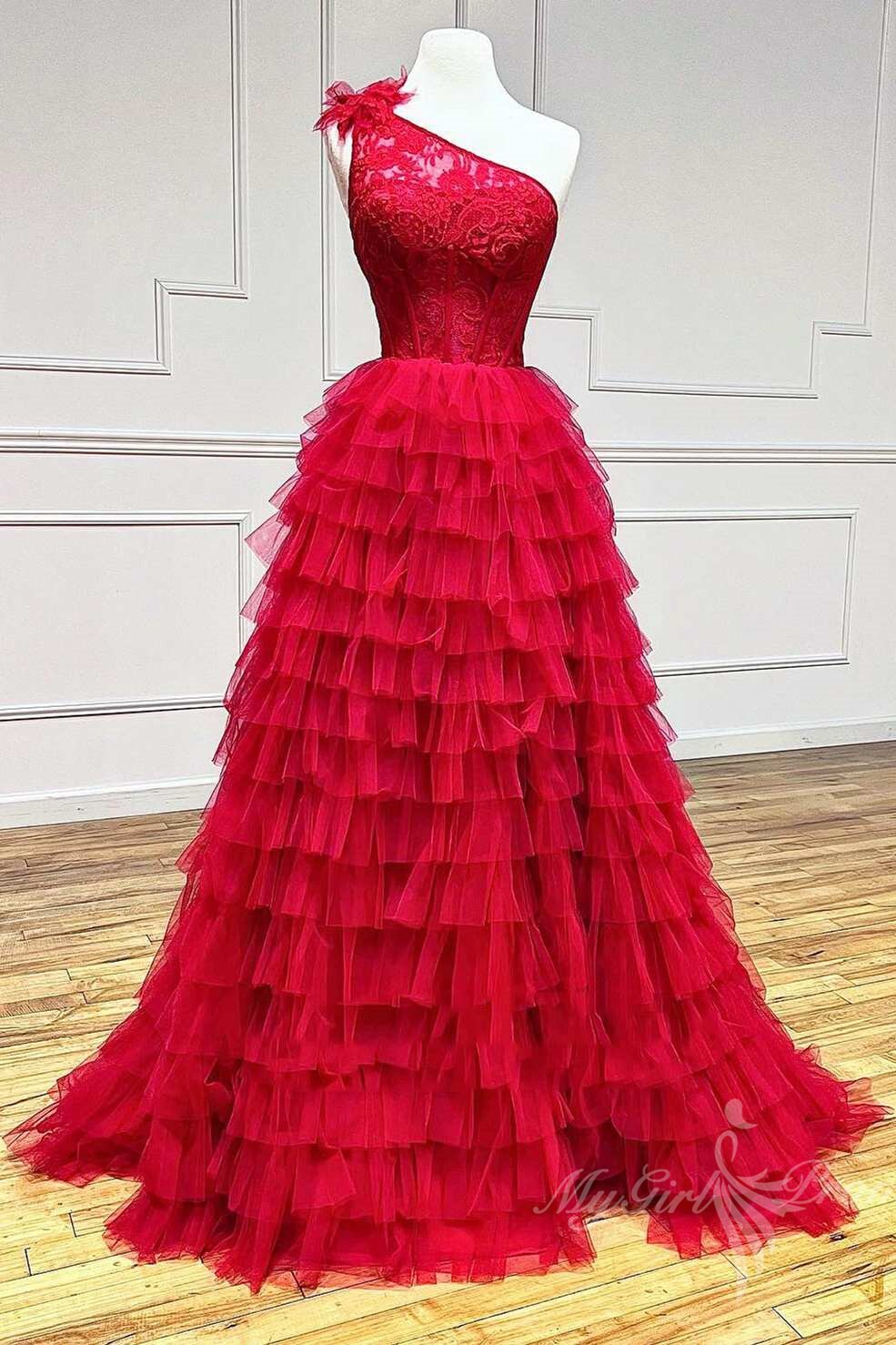 Charming One-Shoulder Black Tulle Ruffled Prom Dress with Slit