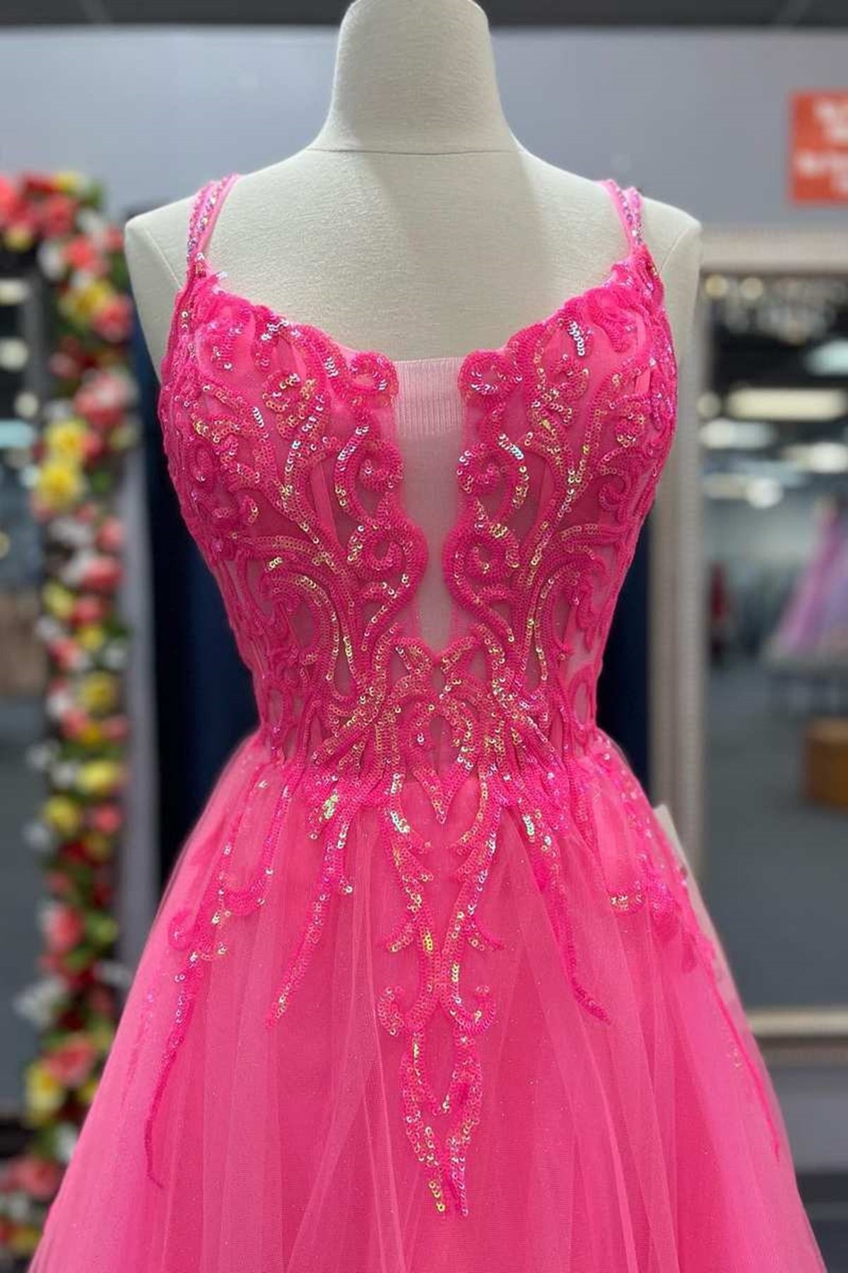 Charming Pink Tulle Prom Dresses Lace Up Sequins Lace Graduation Dress