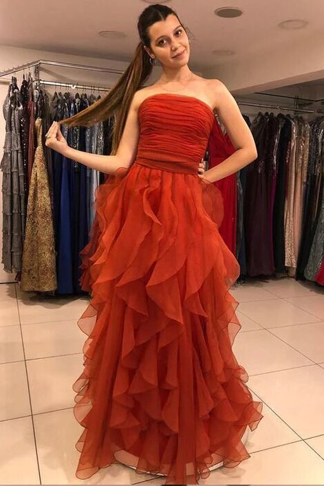 Charming Strapless Ruffle Brick Red Long Prom Dress