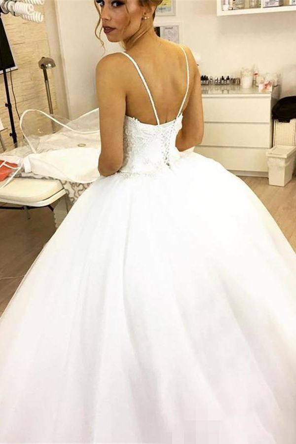Charming Tulle White Spaghetti Straps Ball Gown Wedding Dress