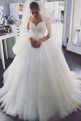 Charming Tulle White Spaghetti Straps Ball Gown Wedding Dress