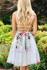 A-Line V-Neck Embroidered Lace Short Homecoming Dress
