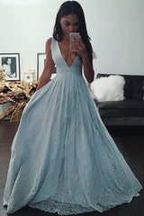 Charming Blue Chiffon A-Line V-Neck Long Prom Dress