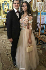 Charming Floral Appliques Long Prom Dresses with 3/4 Sleeves