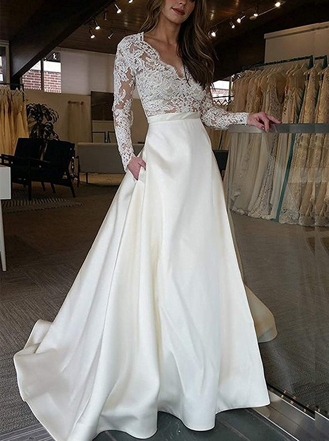 A-Line V-Neck Lace Long Sleeve Satin Wedding Dress with Pocket